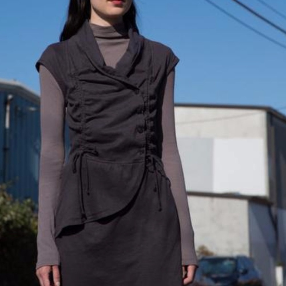 Prairie Underground Mothette Dress Black Ruched Buttons Sleeveless Midi Large